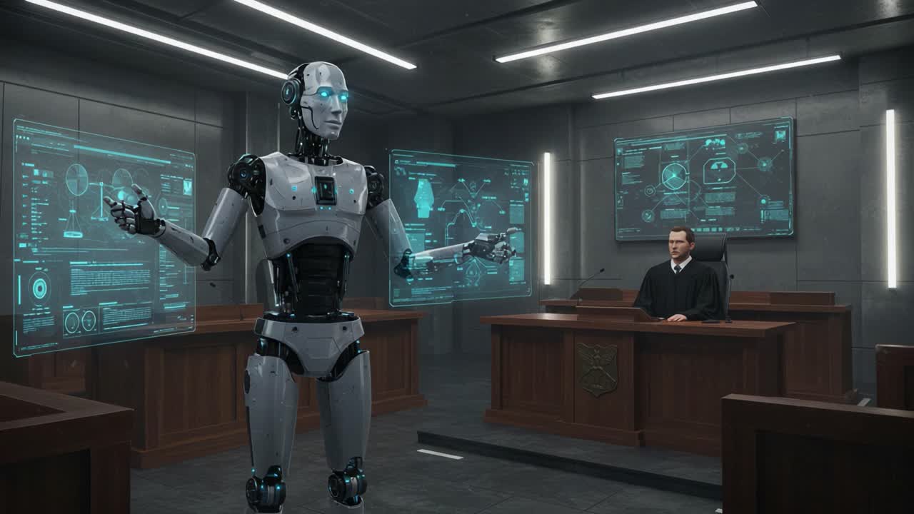 A futuristic courtroom setup featuring a humanoid robot standing before a judge, showcasing advanced holographic technology and an intriguing dynamic between law and artificial intelligence
