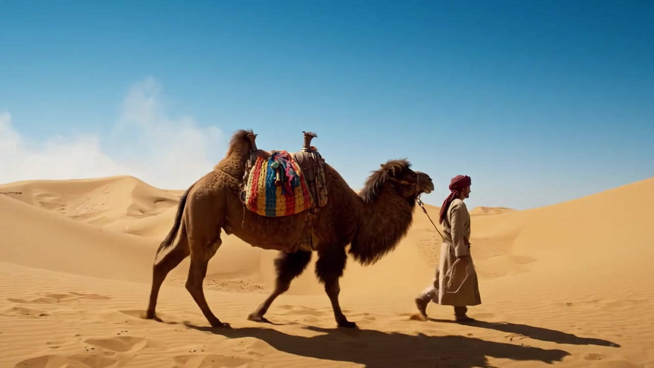 Un viaggio sereno tra le dune dorate del deserto, con un uomo che guida il suo cammello, a testimonianza del legame senza tempo tra uomo e natura in un paesaggio arido.