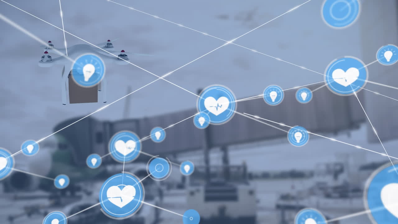 드론과 공항을 통해 아이콘으로 연결된 네트워크의 애니메이션