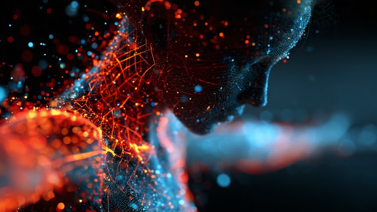 A captivating visual exploration of an abstract figure draped in vibrant networks of light and color, showcasing the interplay of technology and artistry in a mesmerizing display of digital beauty