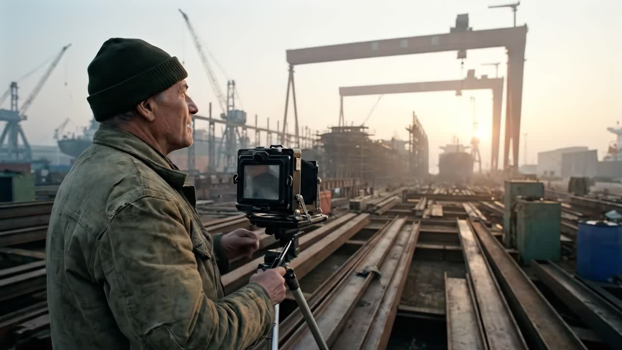 Photographer Working in a Hazy Industrial Shipyard