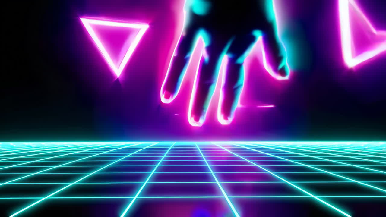 Mano neon Synthwave su griglia con triangoli luminosi
