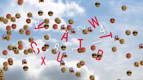 animation of floating emojis and numbers over clouds