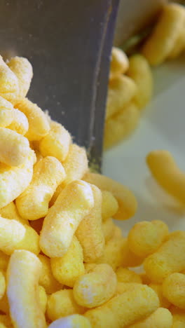 light yellow crispy snacks falling on the conveyor belt. corn sticks coated with sugar frosting close up. vertical video
