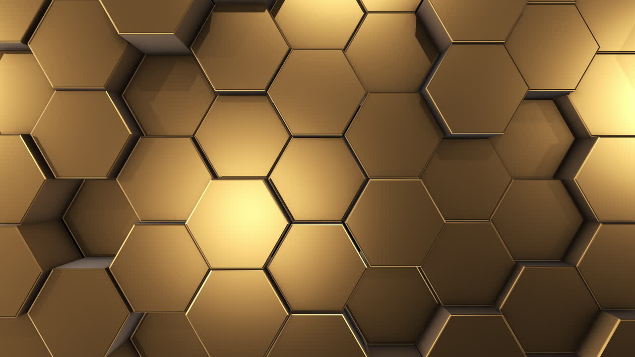Gold background with moving hexagonal cylinders. Abstract 3D animation. Geometric figures.