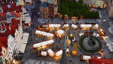 aerial view easter market in prague at twilight