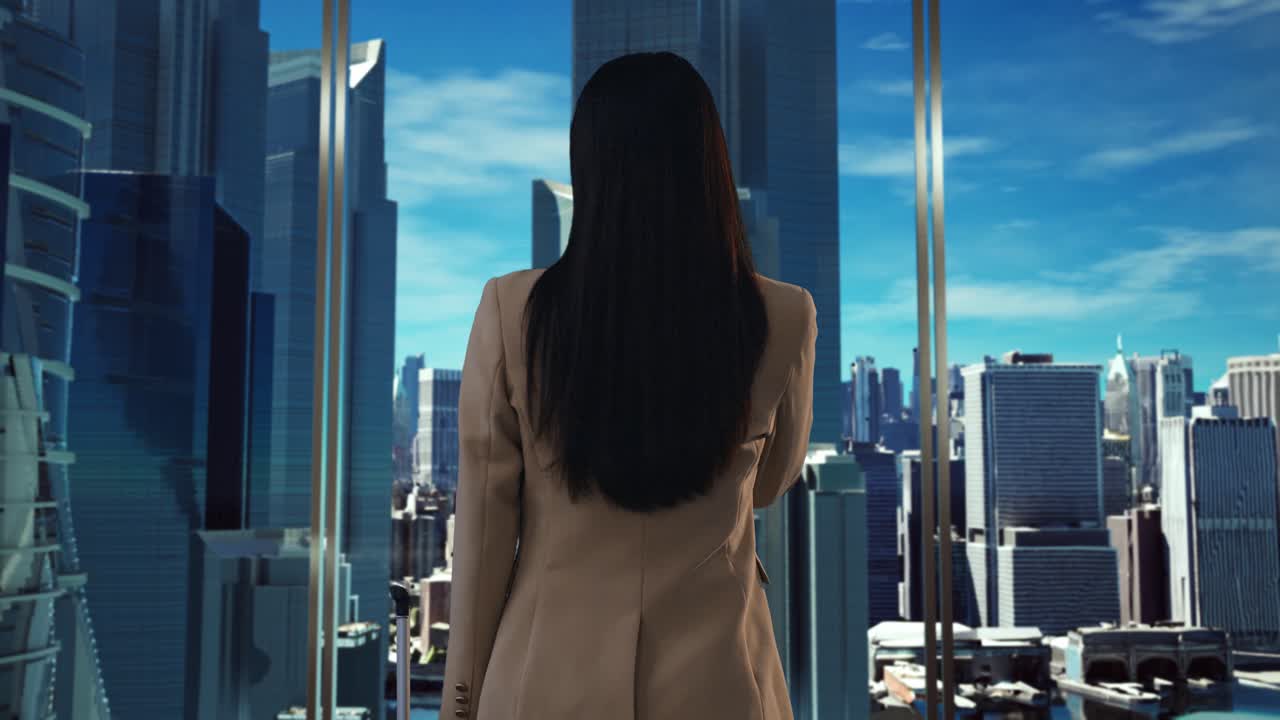 도시 풍경을 바라보는 사업가