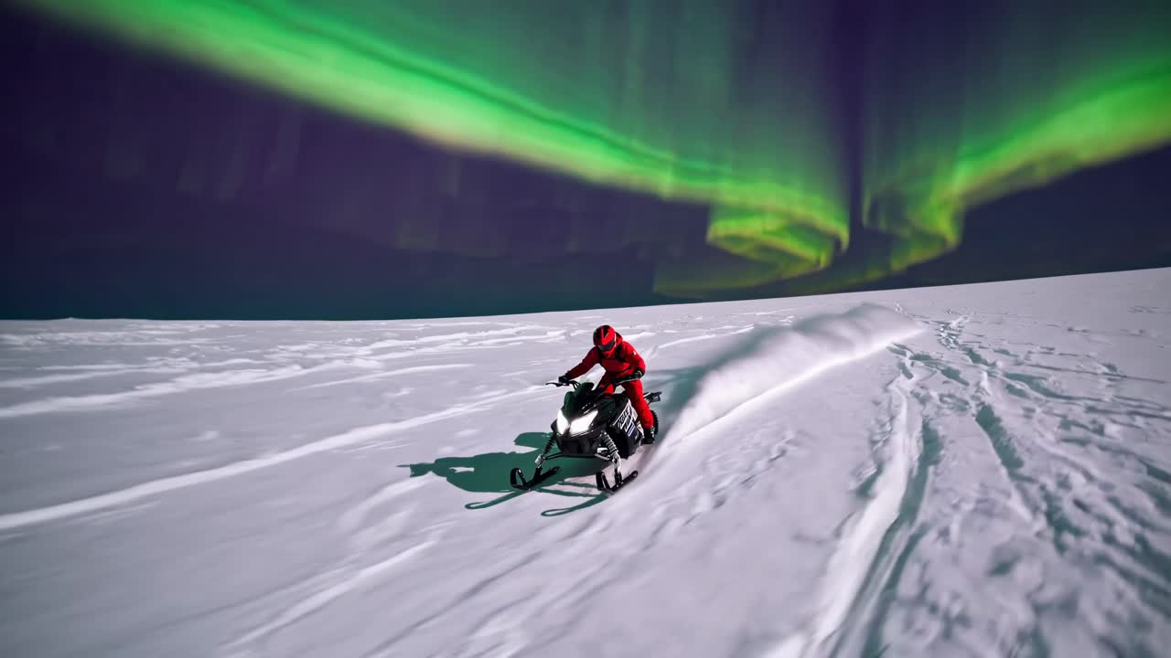 Dynamic low-angle shot of a snowmobiler in red gear racing under vibrant green auroras