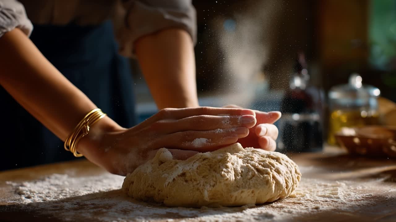 A Passionate Baker Kneads Dough at Home, Expertly Working to Create Perfect Bread by Hand in a Cozy Kitchen with Flour Dusting the Surface