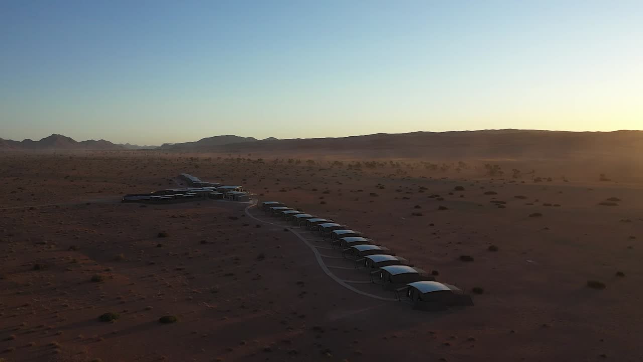 Aerial view of some lodge&acute;s near Sossusvlei in namibia desert at sunset