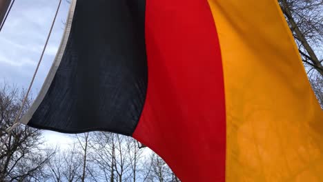 Close-Up-German-Flag-Flying-in-Wind---Forest-Background