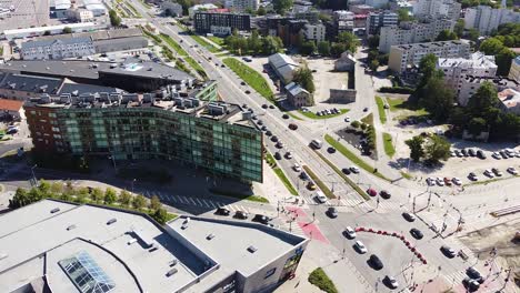 Modern-buildings-of-Sadama-in-Tallinn-with-busy-streets,-aerial-view