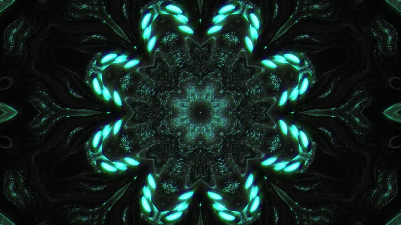 Glowing teal kaleidoscope pattern with symmetrical neon fractal reflections