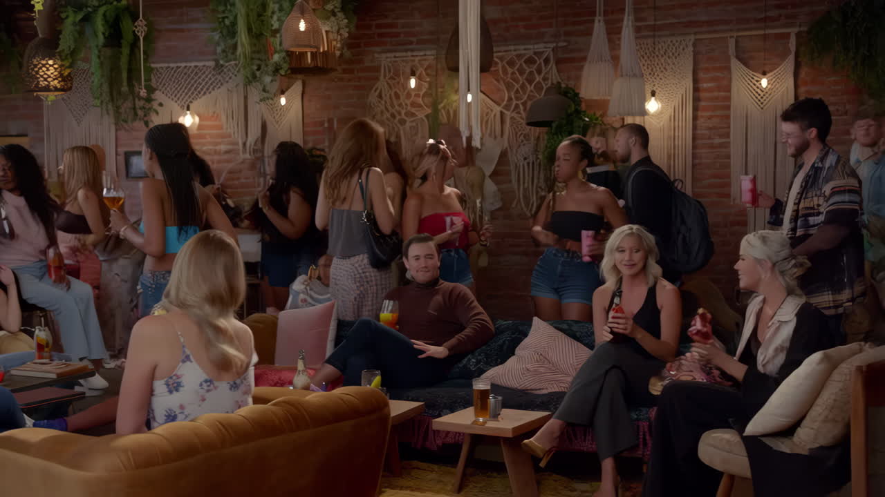 People socializing and drinking at a lively bar party