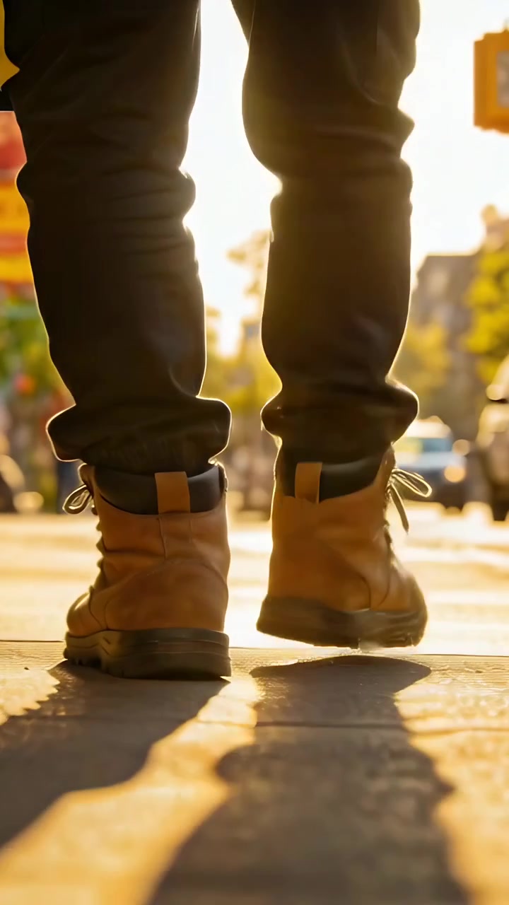 Video verticale: Telecamera che segue una persona che cammina sul marciapiede con stivali color cuoio e pantaloni con risvolto.