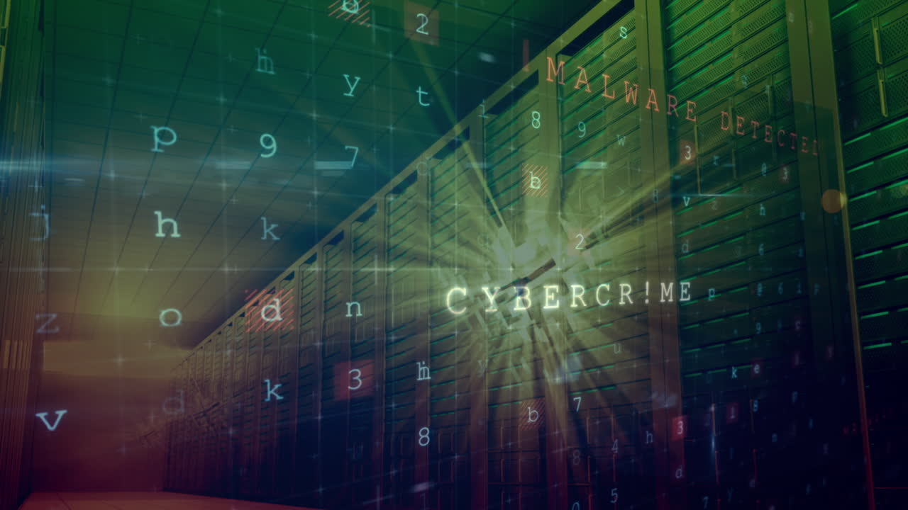 Animation of cyber attack warning over server room