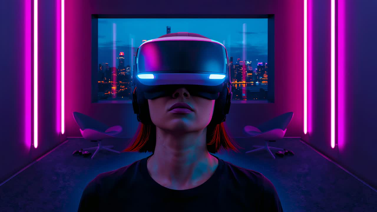 Donna con visore VR e top nero in piedi in una stanza al neon, mentre prova una demo con i controller e le luci che si accendono