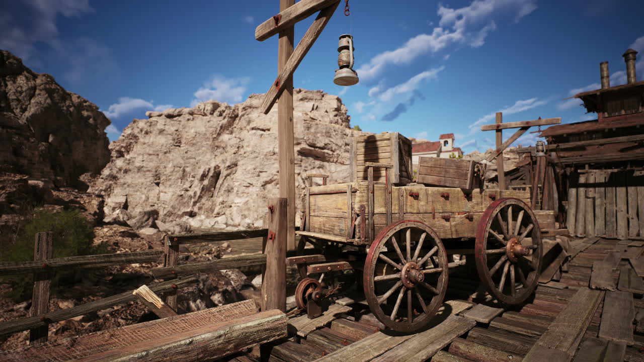 Old wooden wagon on a rustic platform against a mountainous backdrop