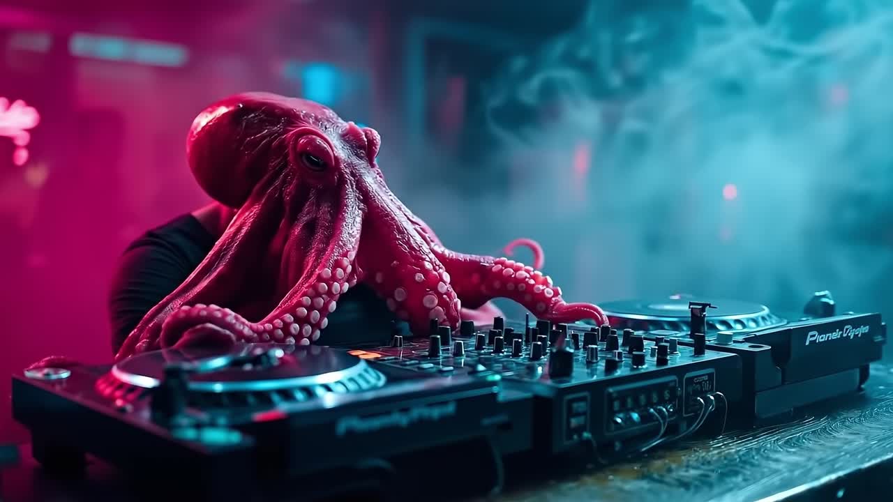 Et rødt blekkspruthode på toppen av en DJ-mikser på en nattklubb