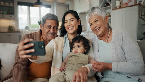 selfie, woman and senior parents with baby bonding