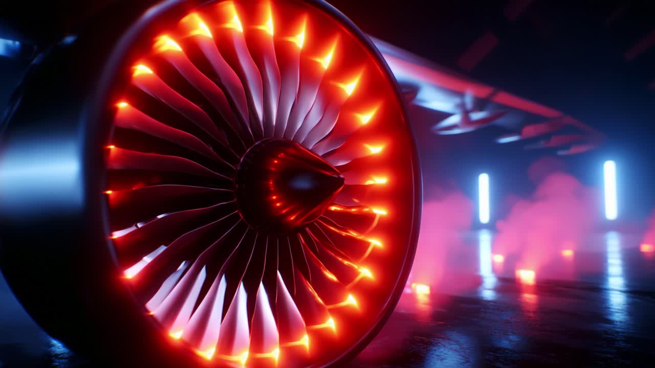 A Close-Up View of a Futuristic Jet Engine, Highlighting the Intricate Design and Stunning Red-Illuminated Turbine Blades, Set Against a Dark, Atmospheric Background with Smoke and Neon Lights
