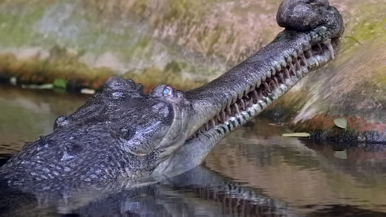 un cocodrilo gavial indio negro con la cabeza sobre el agua - cámara lenta
