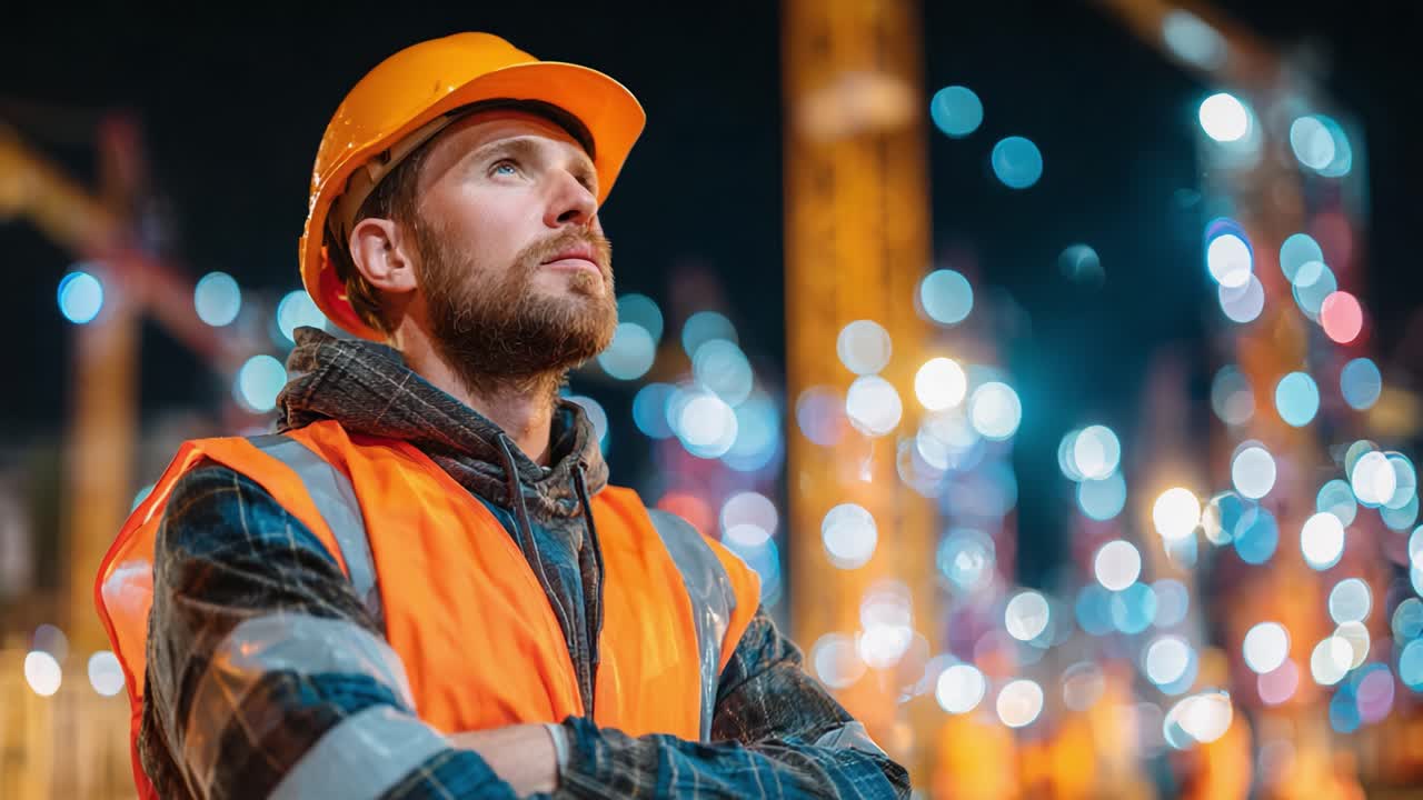 A Dedicated Construction Worker in Safety Gear Overlooks a Dynamic Night Construction Site, Symbolizing Commitment and Vigilance Amidst Bright Lights