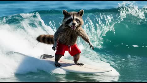 a raccoon is joyfully surfing on a beautiful wave in the vibrant blue ocean on a sunny beach day filled with excitement