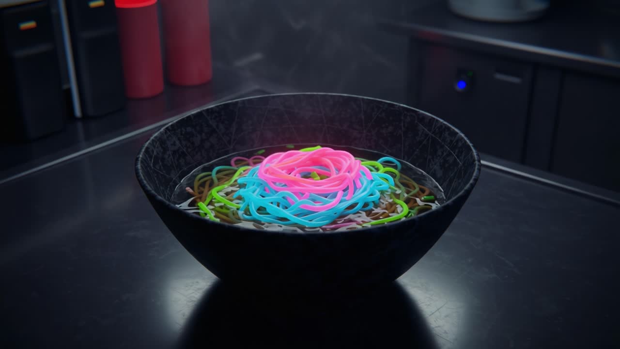A Visually Striking Bowl of Colorful Noodles: A Close-Up Presentation of Vibrant, Fluffy Noodle Strands in Steaming Broth Capturing the Essence of Culinary Artistry