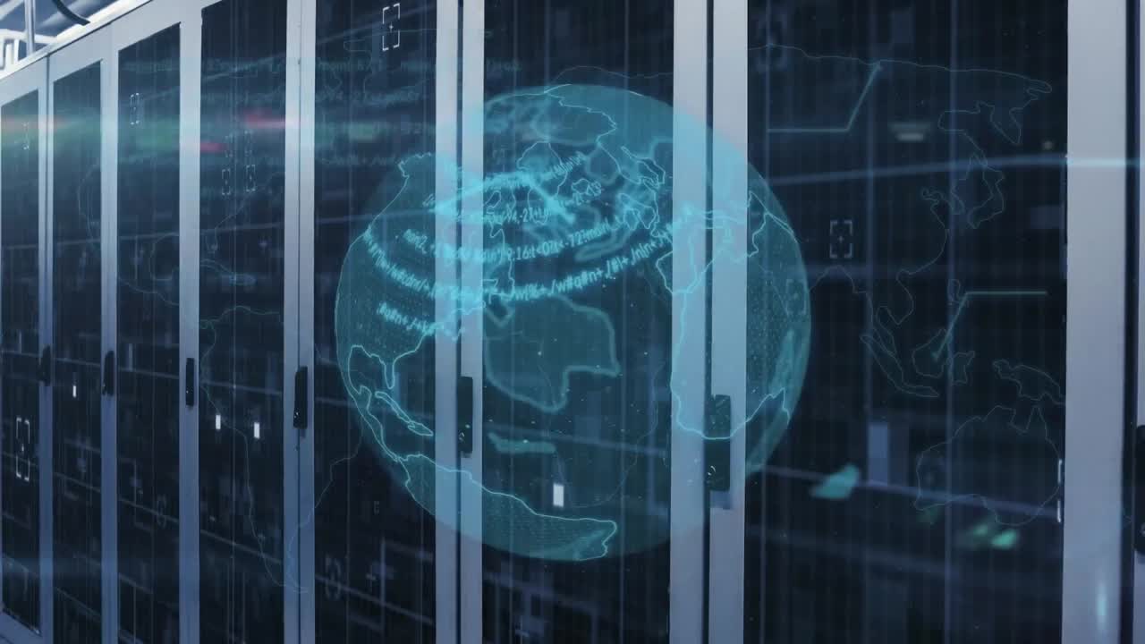 Animation of globe and data processing over server room
