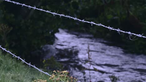 Cerca-De-Alambre-De-Púas-Con-Un-Río-Que-Fluye-En-El-Fondo-En-El-Campo-De-Irlanda-Del-Norte