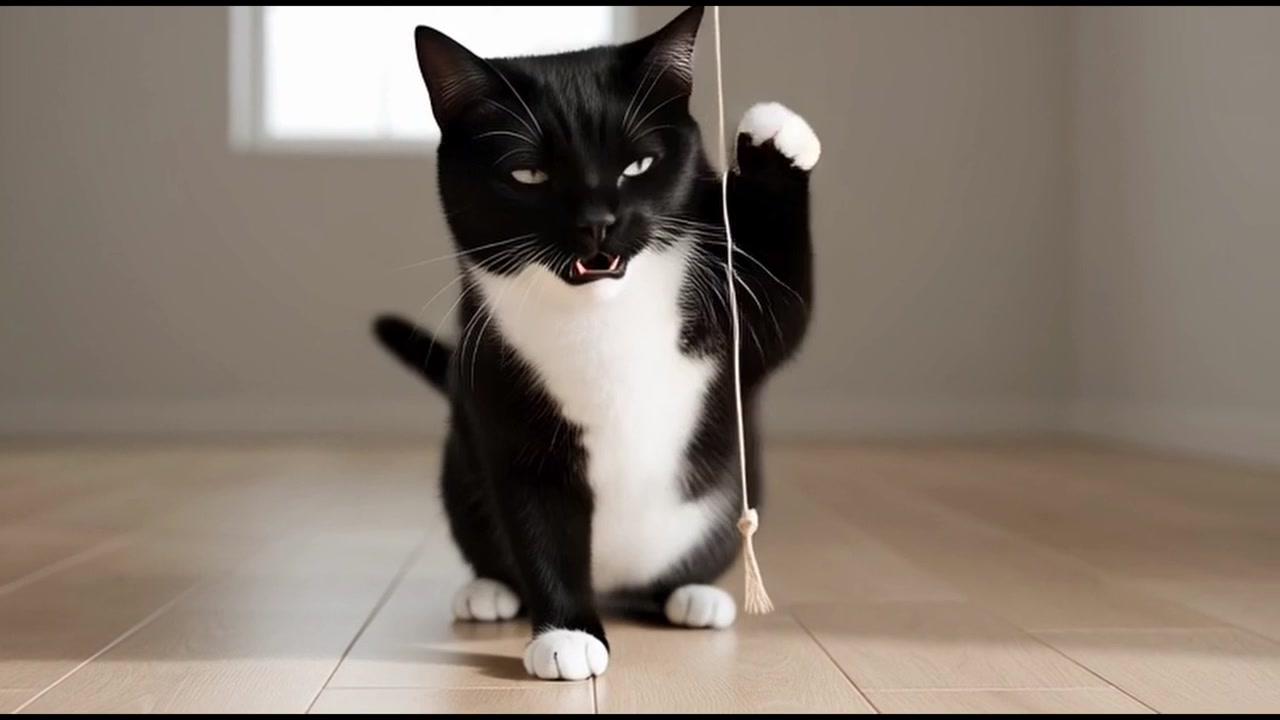 Gato Tuxedo Brincando com um Brinquedo de Corda em um Quarto Iluminado