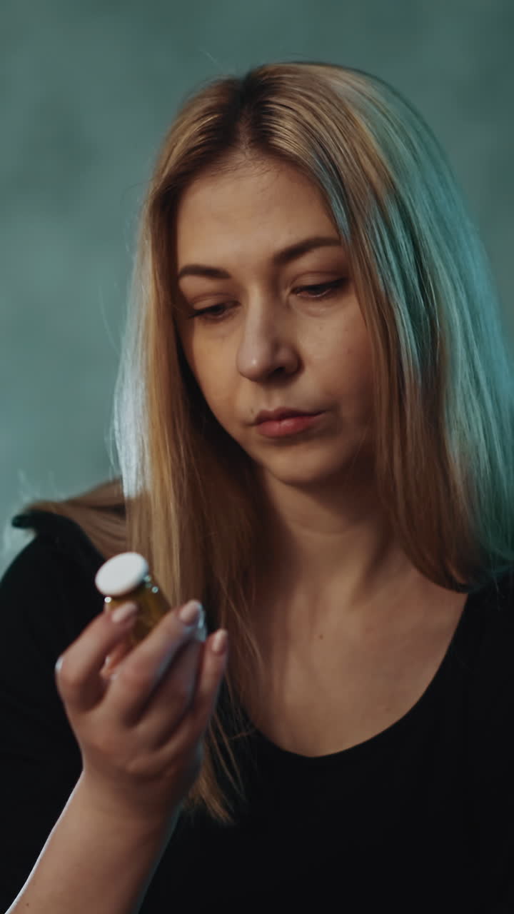 una mujer rubia escéptica mira con dudas una botella de vidrio de medicamentos con un producto nutricional no registrado contra el lugar de trabajo en una oficina semidescura en primer plano en cámara lenta