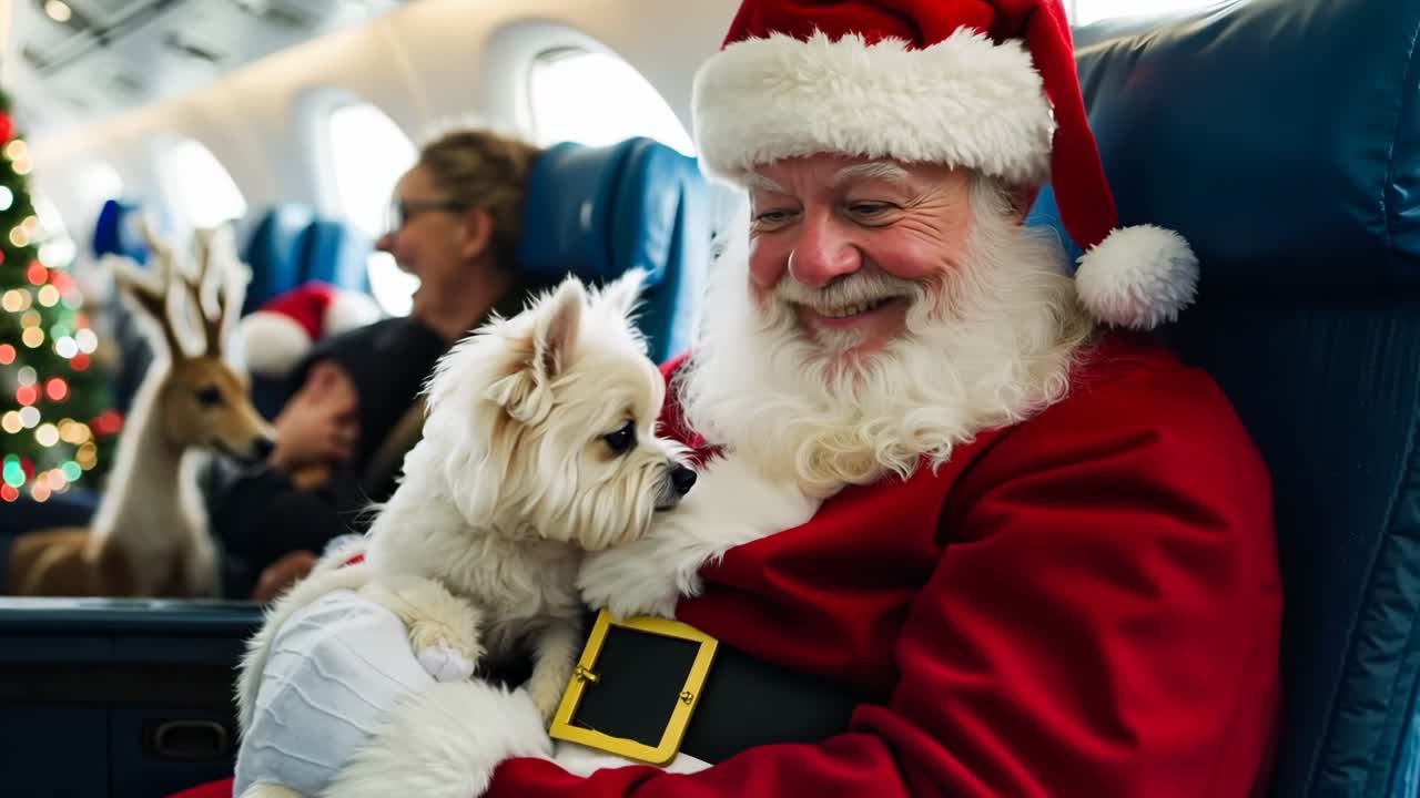 산타클로스 의상 을 입은 남자 가 팔 에 작은  개 를 들고 있다