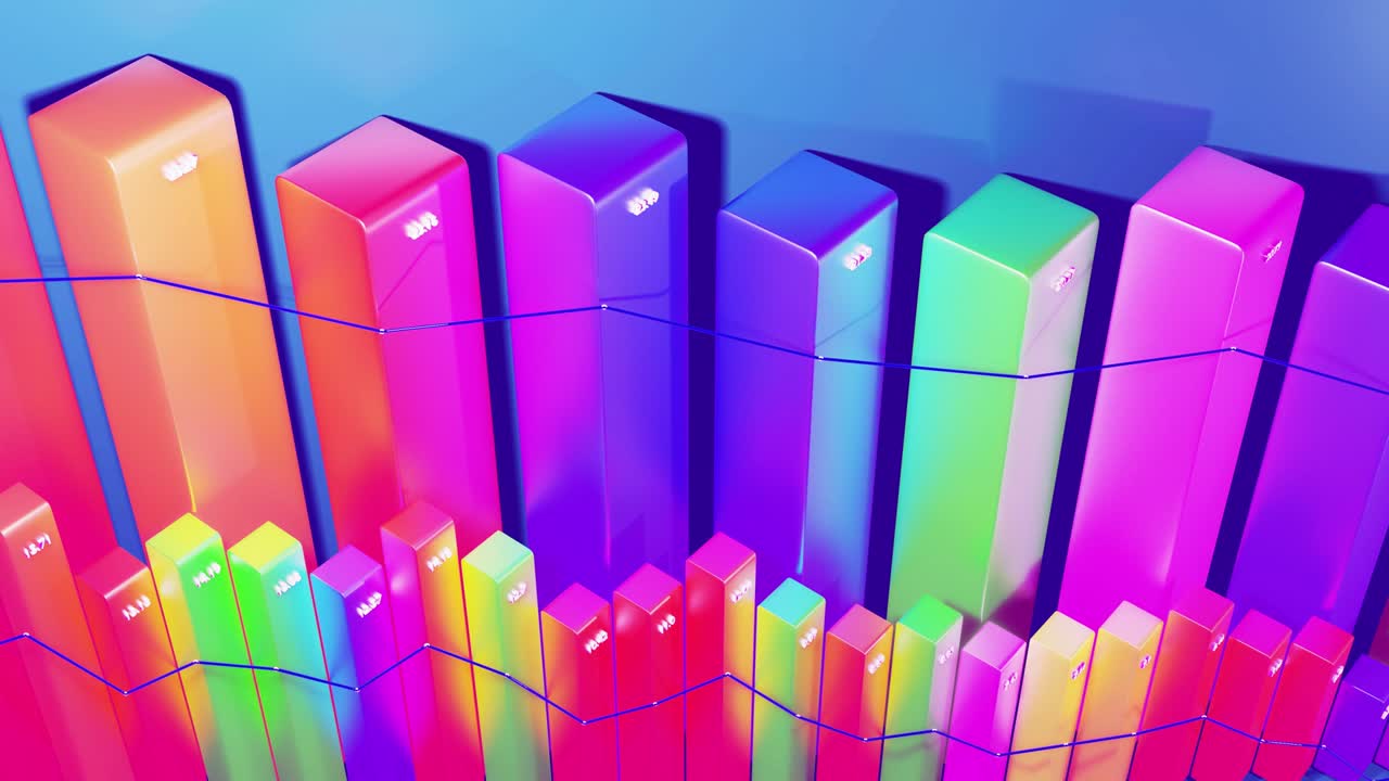 beautiful 3d looped background for analytical programs with abstract infographics, statistical data. Multicolor bars, counters and graph. 3d columns smoothly move up and down in loop. Financial bg