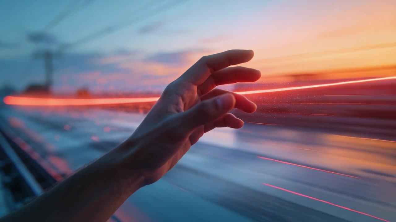 Reaching bare hand and forearm tracing red light streak gliding past train window at sunset