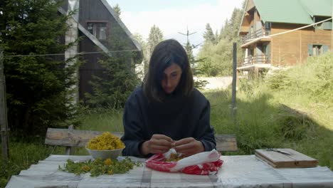 Girl-picking-and-harvesting-St-John's-wort-in-beautiful-garden