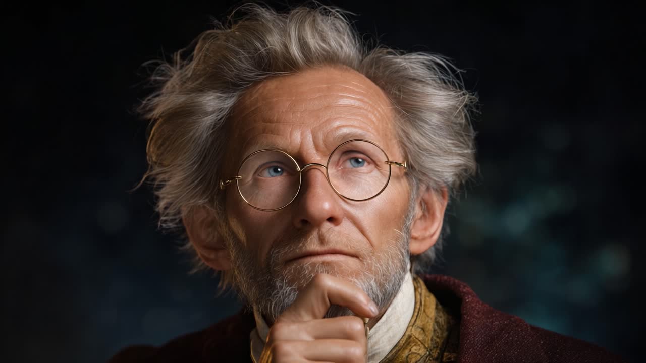 Pensieroso uomo anziano con capelli e occhiali distintivi, immerso in profonde riflessioni, immortalato in un momento drammatico e introspettivo su uno sfondo misterioso