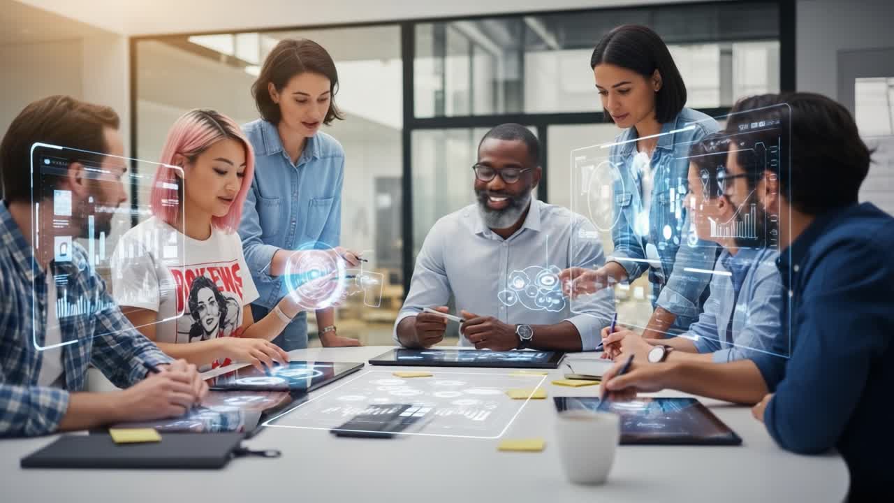 Collaboration in the Digital Age: A Diverse Team Engaging in Innovative Discussion Around High-Tech Tools and Interactive Interfaces in a Modern Workspace