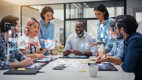 collaboration in the digital age: a diverse team engaging in innovative discussion around high-tech tools and interactive interfaces in a modern workspace