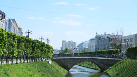 european cityscape with bridge and river