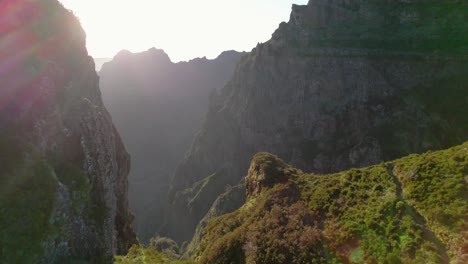 drone-aerial-Valley,-Mountains,-Madeira,-Portugal,-clear-sky