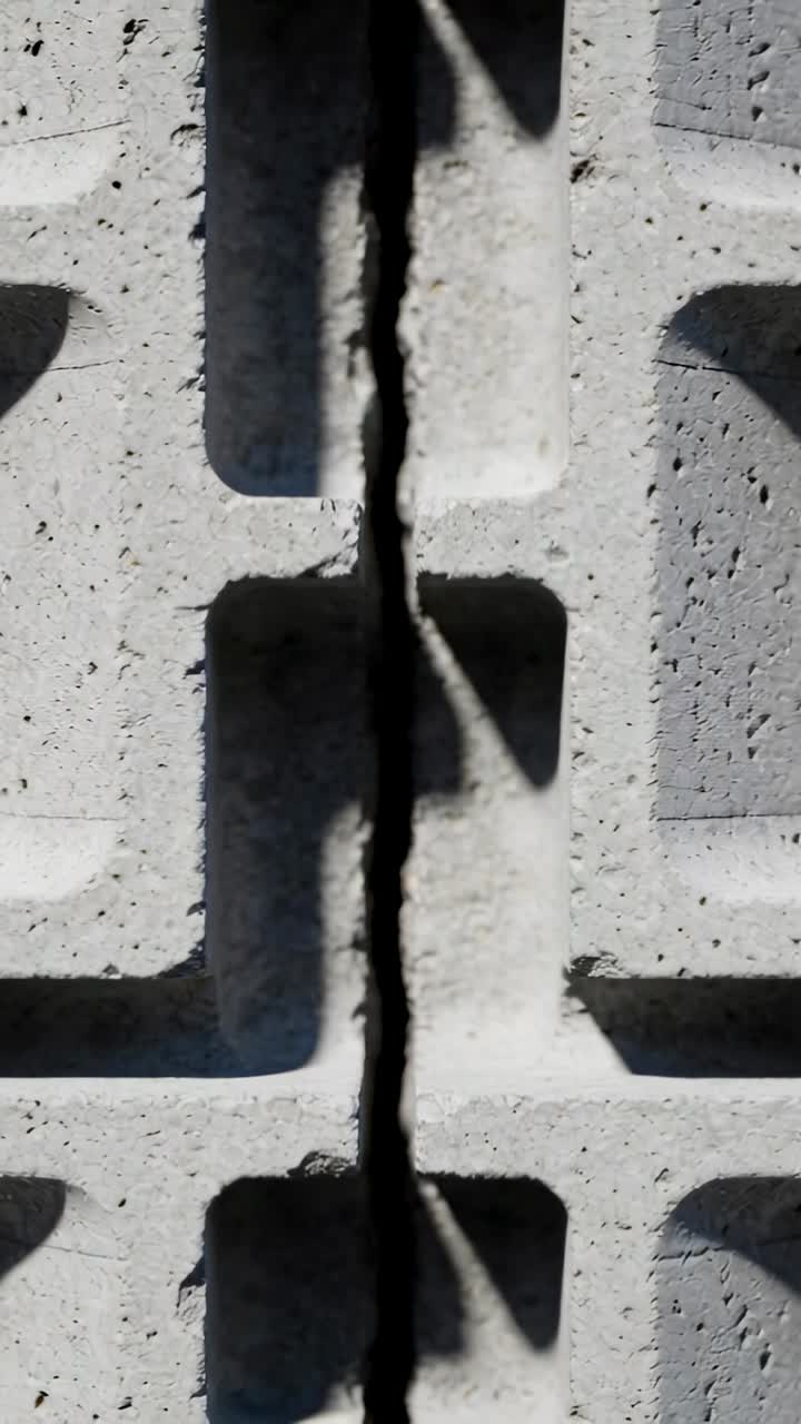 Video verticale: Ombre di foglie che si muovono e scivolano attraverso la giuntura dei blocchi su un muro esterno a causa di una leggera brezza.