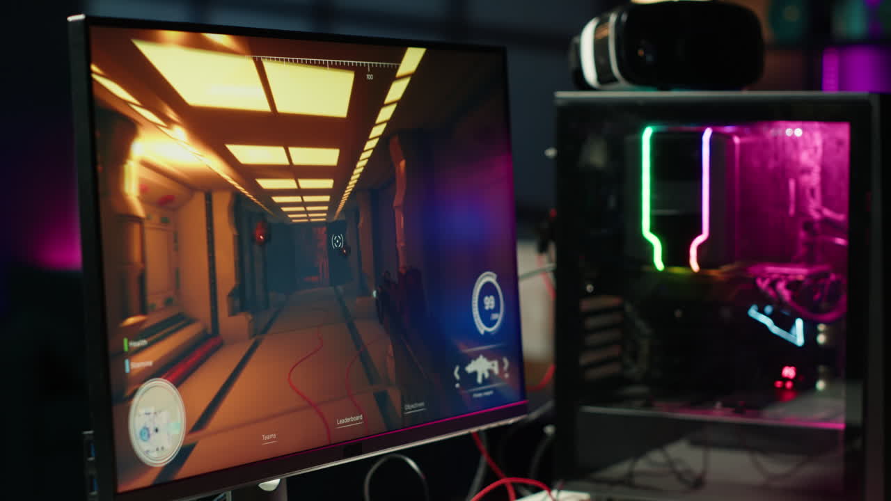 Close up of first person shooter game on computer display