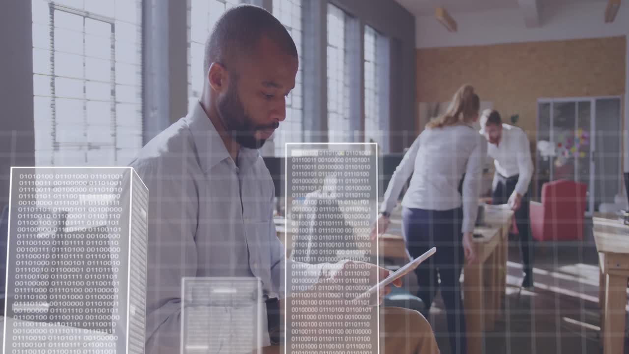 Animatie van statistieken en dataverwerking boven diverse zakenmensen op kantoor