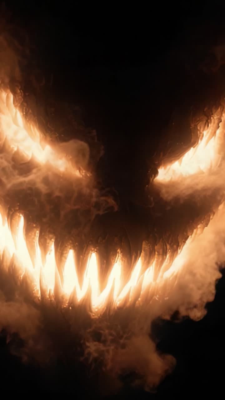 Amenacing Specter of Flames: A Disturbing and Ominous Flame-Engulfed Entity with Fierce Fangs and a Sinister Grin, Capturing an Intense Eerie Atmosphere