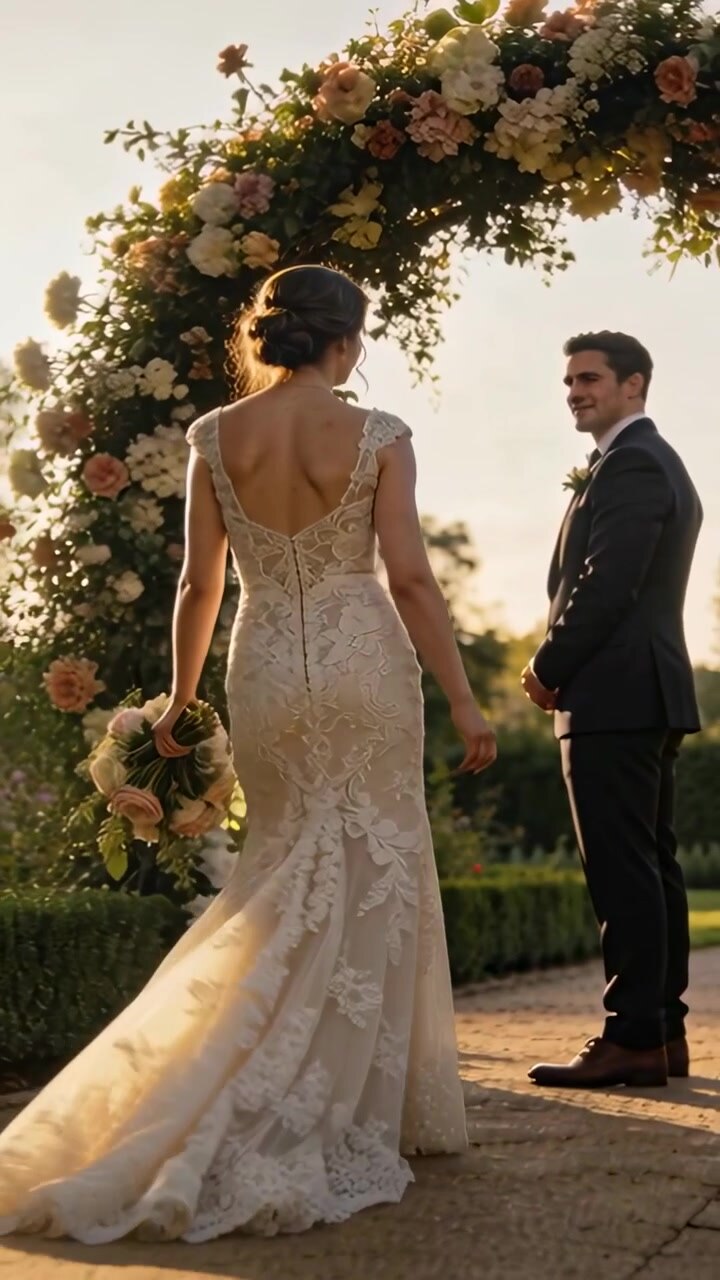 Vertical video: Walking bride in lace gown in garden toward floral arch to meet groom with bouquet