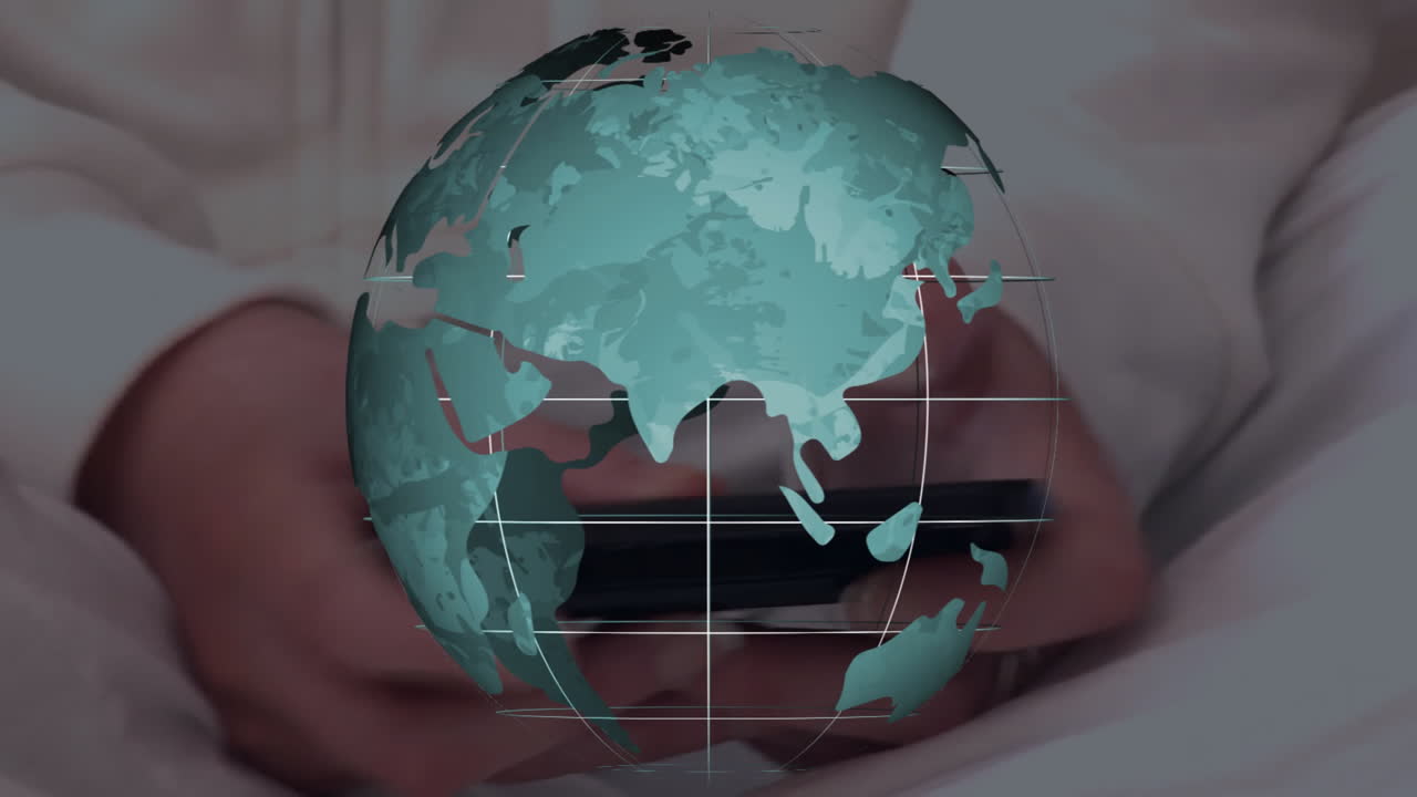 woman tapping smartphone while reclining on bed, using technology with floating globe grid overlay