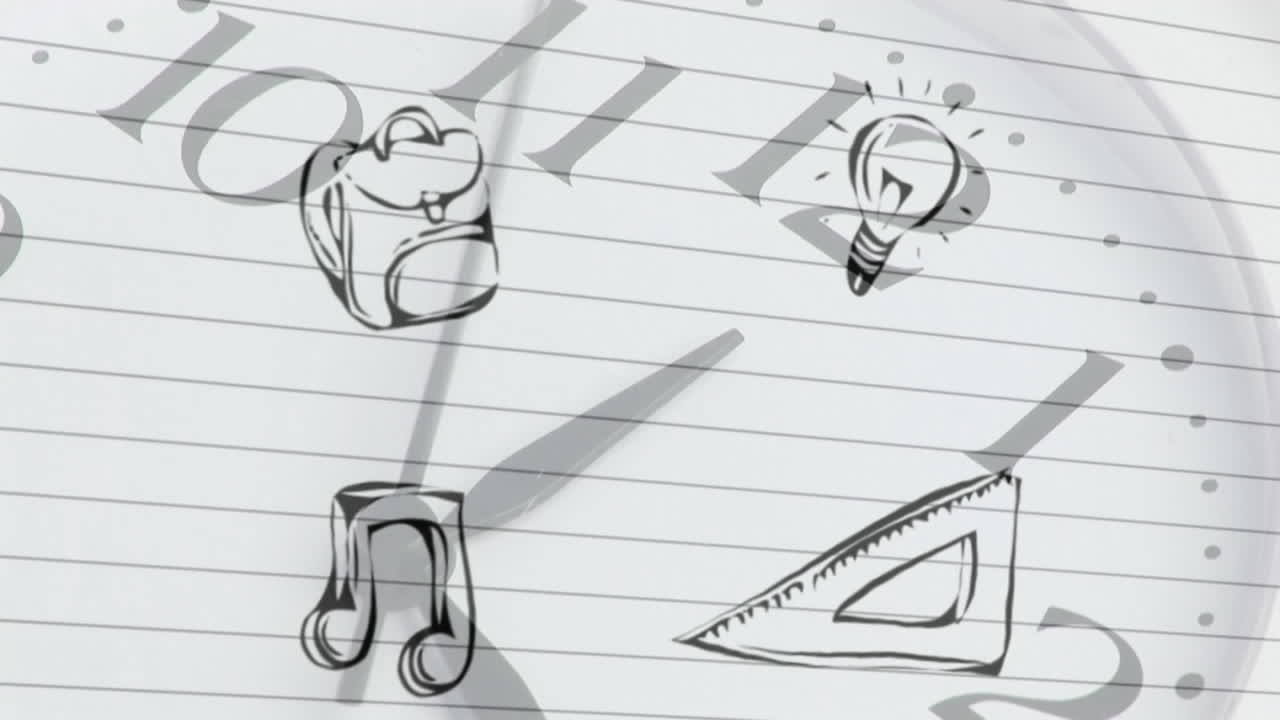 Animation of page turning effect over school concept icons against ticking clock and lined paper