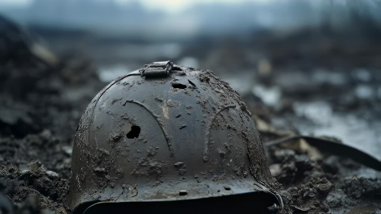 Weathered military helmet resting on muddy ground, bearing bullet holes and rust, powerfully representing war's devastating legacy and abandoned battlefields